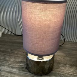 SMALL BEDSIDE/TABLE LAMP.   SILVER/PEWTER COLOUR BASE, GREY LAMPSHADE . STANDS 11 INCHES. EXCELLENT CONDITION. BARGAIN 3.50 O.N.O