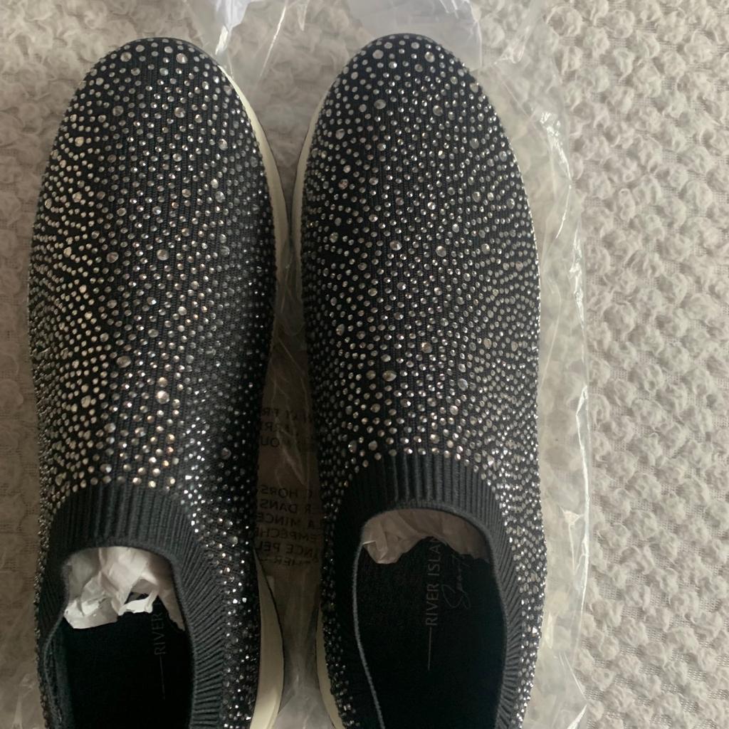 Brand new with tag river island black diamanté slip on shoes size 5