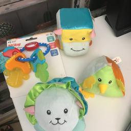 THIS IS FOR A BUNDLE OF BABY TOYS

1 X BRAND NEW NUBY ICYBITE KEYS - CAN BE PUT IN FRIDGE OR FREEZER
3 X SHAPE THEMED ANIMALS - HAVE BEEN USED BIT UN EXCELLENT CONDITION - TEXTURED RATTLES

PLEASE SEE PHOTO