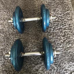 Body sculpture set of dumbbells 14kg each side plus bar and collars so would say 16 kg ish.