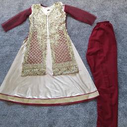 Hi there I am selling girls Beautiful gold and mahroon dress great for Eid 
Measurements are kameez length is 94cm
Arm pit to arm pit is 40cm

Salwar length is 90cm

Collection from Bradford or willing to post for extra £4