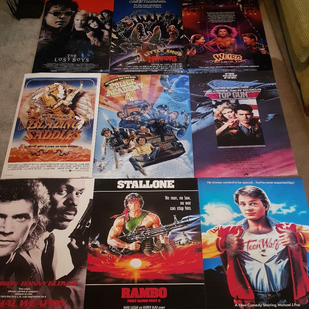 21 80s movie posters reprints in good condition paper is the thick paper not your usual thin rubbish theres staple Mark's where they was stuck to the walls but not really noticeable great for any man cave 60 quid