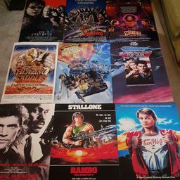 21 80s movie posters reprints in good condition paper is the thick paper not your usual thin rubbish theres staple Mark's where they was stuck to the walls but not really noticeable great for any man cave 60 quid
