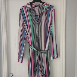 lovely rainbow coloured easy wear, button front shirt style dress with tie belt , also good open over leggings or coverup on beach vgc