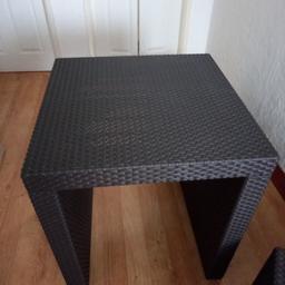 Dark brown wicker table and 2 stools. Can be used indoors or outdoors. Ideal for warmer weather outdoors now spring/summer is on way or can be used indoors in a conservatory like we have done. In good used condition as per pictures. Stools also double up as storage too for plates, cups, bowls or anything deodnding know what you decide to use table for. 
Collection only from B31.
From a pet and smoke free home.