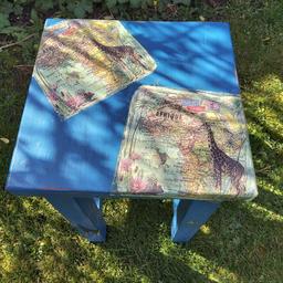 Upcycled table painted blue with decoupage detail. Could also be used as a stool.
Quirky detail. Would also be good outside in the summer
H43cm
W28cm
Collection only
Thanks for looking