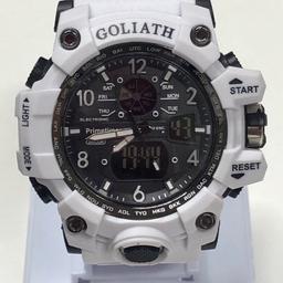 PRIMETIMES GOLIATH. MODEL PT1943. LIGHTWEIGHT ROBUST CHRONOGRAPHIC SPORT WATCH, 56MM DIAL, 18MM THICKNESS, BLACK FACE, WHITE SILICONE STRAP WITH BLACK DETAILING. DIGITAL TIME & DISPLAY, GREEN LIGHT,
