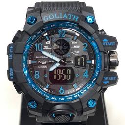 PRIMETIMES GOLIATH. MODEL PT1943. LIGHTWEIGHT ROBUST CHRONOGRAPHIC SPORT WATCH, 56MM DIAL, 18MM THICKNESS, BLACK FACE AND BLACK SILICONE STRAP WITH BLUE DETAILING. DIGITAL TIME & DISPLAY, GREEN LIGHT