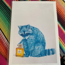 Print of raccoon with chanel perfum, signed print by niki pilkington