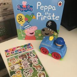 THIS IS FOR A SET OF NEW ITEMS

1 X PLASTIC POLICE CAR WITH DRIVER
1 X PAGE OF FARM ANIMAL STICKERS
1 X PEPPA PIG BOARD BOOK - PEPPA AND THE PIRATE

PLEASE SEE PHOTO