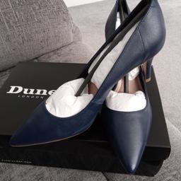 Dune ladies leather shoes size 6/39 in navy. 3"heels.Worn once for a wedding.In excellent condition with all original packing and box.Beautiful shoes.