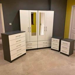Fully assembled 3 piece sets available in other colours

Measurements: Height: 184cm Width: 76.5cm
Depth: 50cm

Chest Drawer’s Measurements: Height: 102cm Width: 77.5cm Depth: 40.5cm

Bedside Cabinets: Height: 63.5cm Width: 40.5cm Depth: 40.5cm

Delivery available
07708918084