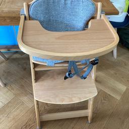 Mamia 2 in 1, Adjustable Wooden High Chair.

The highchair fits under most tables by removing the tray and is adjustable to fit from 6 months to approx. 10 years of age by converting into a chair.

Features:

Removable highchair tray

Adjustable seat and footrest

Three point safety harness

Removable bumper and harness for older children

The chair has hardly been used as you can see in the photos.

Comes from a pet and smoke free home.