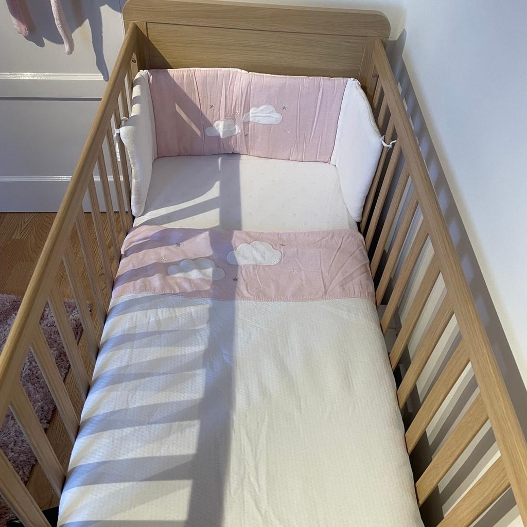 Has been used but in good condition.

White fitted sheet with pink stars
Cot duvet
Tie on Bumper (used only for decorative purposes)

Non-smoker/ pet free household