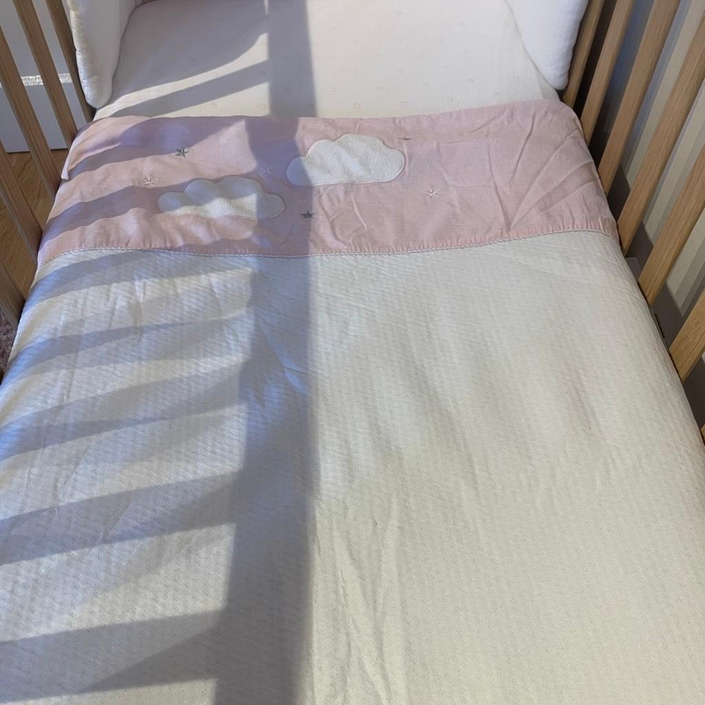 Has been used but in good condition.

White fitted sheet with pink stars
Cot duvet
Tie on Bumper (used only for decorative purposes)

Non-smoker/ pet free household