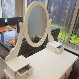 dressing table comes with the mirror attached.
width 32 inches
depth 16 inches
length 30 inches
bottom 3 drawers do not have the drawer runners or drawer knobs. I put it together before I realised they were missing. stool is listed separately.
postcode ws2 8ya
