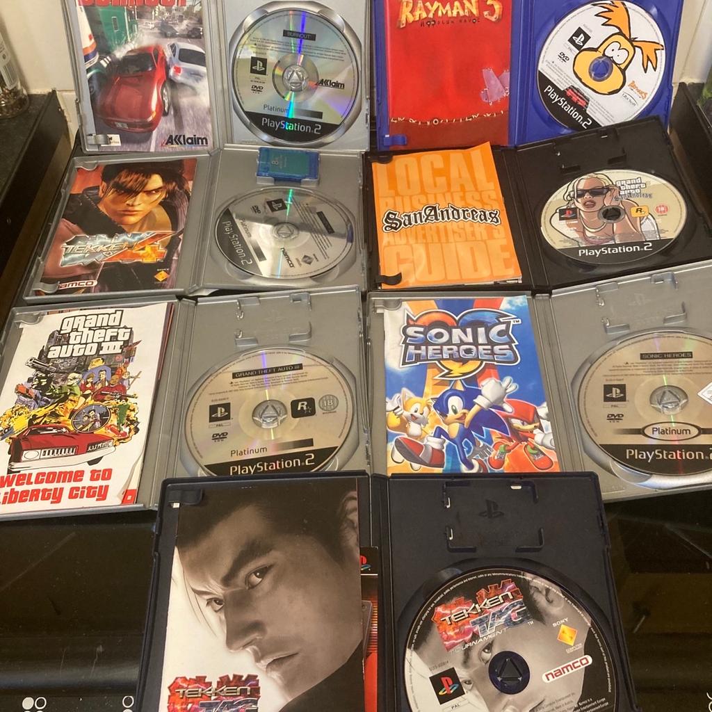 7 classic PlayStation 2 Games all with booklets
Mint condition.

1. Grand theft auto San Andreas.
2. Grand theft auto 3.
3. Tekken 4.
4. Tekken Tag Tournament.
5. Rayman 3.
6. Burnout.
7. Sonic Heroes.

£40 for 7 ps2 games 🤯