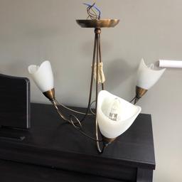 Brass ceiling lamp for sale with three white glass shades. Excellent condition, buyer collect only.