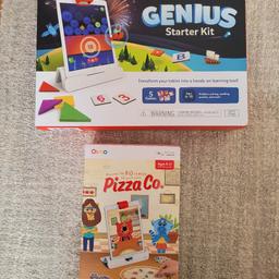 osmo genius starter kit and pizza making kit.
interactive software to use with apple ipad. 

brand new and unused 

osmo kit rrp 60
pizza kit rrp 35