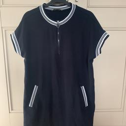 Zara dress
Just above knee length
Size Euro S 
Navy cotton woven fabric with knitted stripe trim at neck and sleeves and pockets
Zip front
Side slits
Worn loads but good condition
Pet and smoke free home