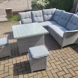 Full Set of Supremo Leisure Garden Furniture

Consists of;

L shape seating 4 seat and 3 seat section.
2 Seating Stools
4 foot square table with glazed top

All with cushions for seating and backs.

condition is used but excellent, cushions have no stains and stored in dry when not used.