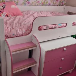 selling this cabin bed with steps and also will include chest of draws to match and a desk . some marks on the steps as you can see.. collection only..