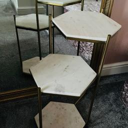 Brass and marble side table from Next range. Height is 59cm, each hexagon width 30cm, overall width is 46cm. New