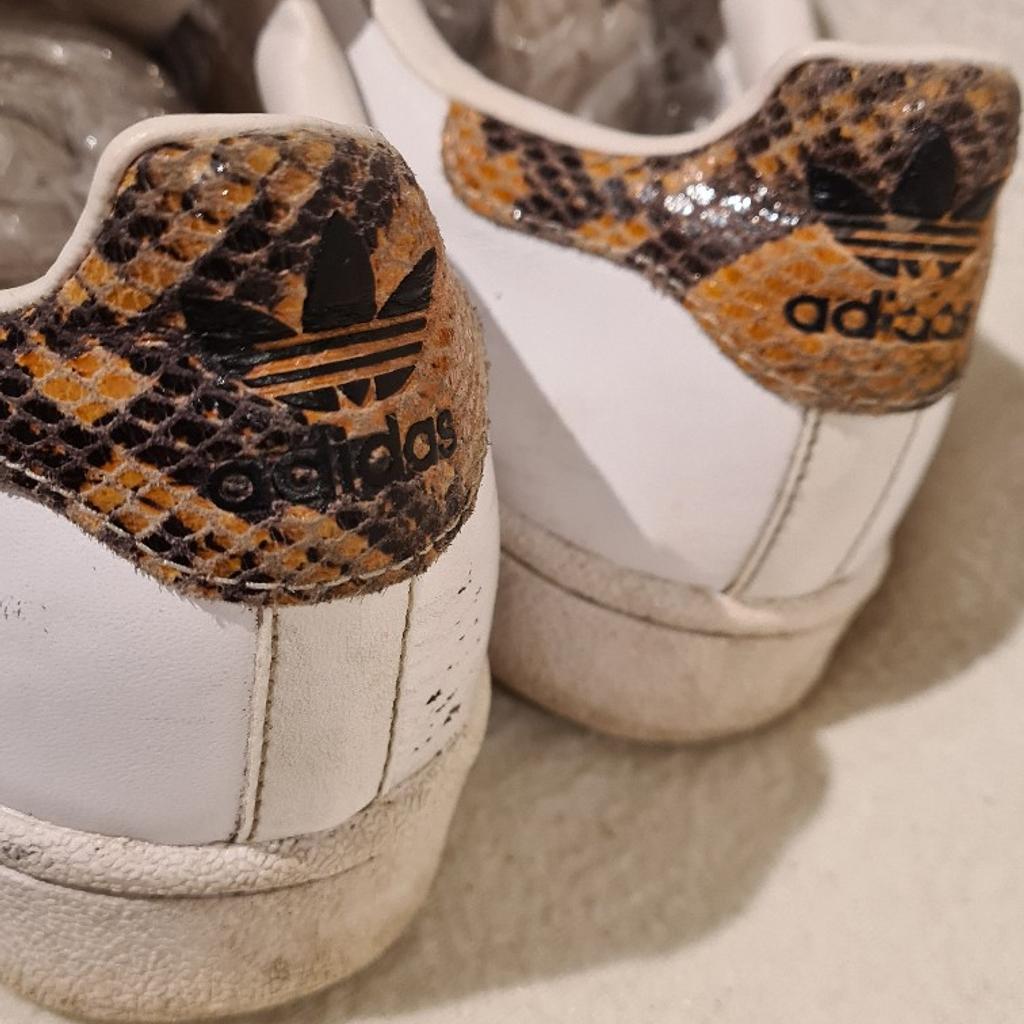 Adidas Superstar leopard/ animal print on heels. Good used condition. Uk size 5. Worn with plenty of life left in them. See photos for condition, flaws, size and materials. I can offer try before you buy option but if viewing on an auction site viewing STRICTLY prior to end of auction.  If you bid and win it's yours. Cash on collection or post at extra cost which is £4.55 Royal Mail 2nd class. I can offer free local delivery within five miles of my postcode which is LS104NF. Listed on five other sites so it may end abruptly. Don't be disappointed. Any questions please ask and I will answer asap.