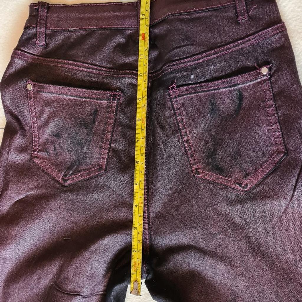 High Waist Sz 12 Burgundy Very Strechy Shiny Select Jeans. See photos for condition, flaws, size and materials. I can offer try before you buy option but if viewing on an auction site viewing STRICTLY prior to end of auction.  If you bid and win it's yours. Cash on collection or post at extra cost which is £4.55 Royal Mail 2nd class. I can offer free local delivery within five miles of my postcode which is LS104NF. Listed on five other sites so it may end abruptly. Don't be disappointed. Any questions please ask and I will answer asap.
