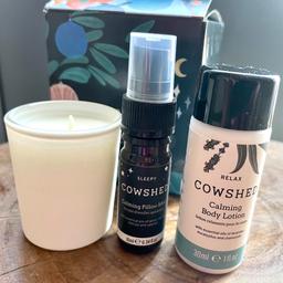 Cowshed treats set
- calming pillow mist
- travel candle
- body lotion 

Worth £15