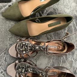Atmosphere khaki green suede heels sz 4
Occasion open toe ankle closing heels sz 5. Diamonte design. Both used but in good condition.