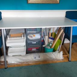 IKEA DESK/CRAFTING TABLE WITH ADJUSTABLE HEIGHT LEGS, FROM 24" TO 36" PERFECT FOR CUTTING MATERIAL ETC WHILST STANDING, LESS STRAIN ON THE BACK. 
DESK IS 160CM X 80CM PERFECT FOR CRAFT ROOM.