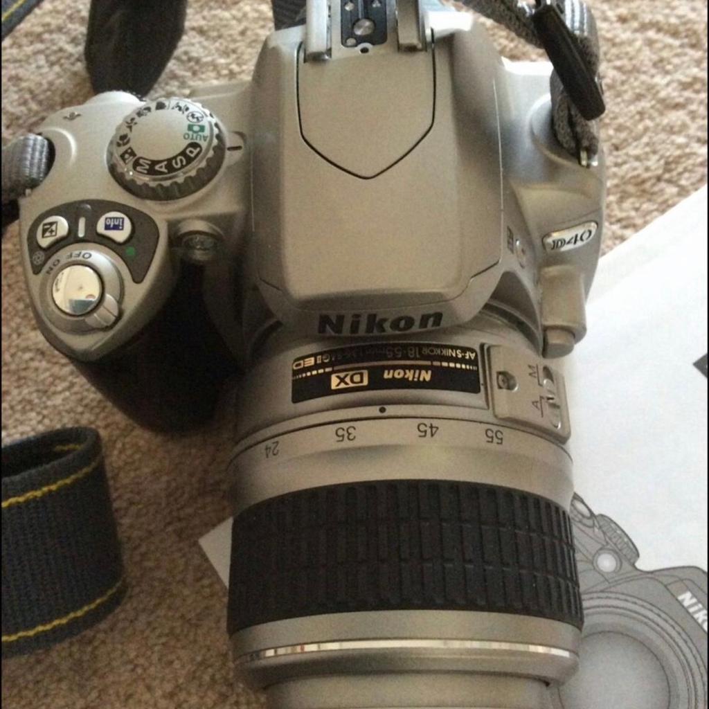 Nikon D40 limited edition camera
Digital SLR camera
DX 18 x 55mm lens
Battery charger and two batteries
Nikon carry strap and instruction manual
6.1 megapixels 2.5 inch LCD

It’s had little use as progressed to higher model so in good condition
From a smoke and pet free home