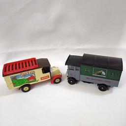 LOVELY PAIR OF CORGI TRUCKS DIECAST SCALE 1:43 MACK TRUCK BOVRIL VAN & HIS MASTER'S VOICE 5 TON TRUCK SIGNS OF PLAY BUT GREAT THINGS