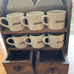 6 expresso cups and saucers on wooden set with 2 drawers