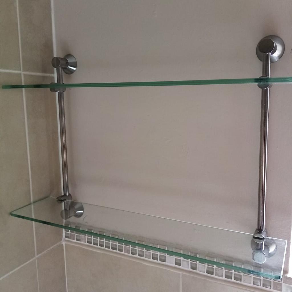 2x glass bathroom shelves with chrome brackets