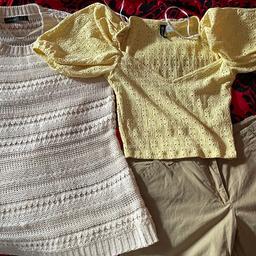 Beige jumper- Atmosphere, yellow cropped top and khaki cotton shorts.