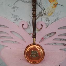 Lovely, vintage, miniature copper bed warmer with Shakespeare country emblem .