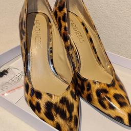 Dune Head Over Heels Leopard Print Patent Heeled Shoes BNWB. Uk 6. Stunning. See photos for condition, flaws, size and materials. I can offer try before you buy option if you are local but if⁸ viewing on an auction site viewing STRICTLY prior to end of auction.  If you bid and win it's yours. Cash on collection or post at extra cost which is £4.55 Royal Mail 2nd class. I can offer free local delivery within five miles of my postcode which is LS104NF. Listed on five other sites so it may end abruptly. Don't be disappointed. Any questions please ask and I will answer asap.
