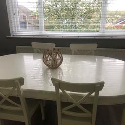 Vintage Shabby Chic Dining Room Table, photos show table to seat four people and with the extension piece in the middle to seat six people The table comes with four chairs- one chair has two marks that can easily be rubbed down and painted.