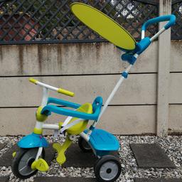 SmarTrike 3 in 1 touch steering tricycle for babies from 10 months to 36 months, up to 38Ib/17kg. Colour blue & green. Very good used condition slight scuff on handlebar as shown on picture does not effect use. 

Removable push rod, sun roof, baby footrest, freewheel coupling and EVA wheels for quiet ride.
Easy to change from parental control to child control.

See on amazon for more pictures of how changes for age group.