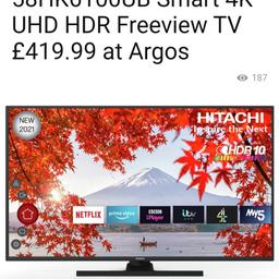 Hitachi 58 Inch 58HK6100UB Smart 4K UHD HDR Freeview TV

Model number: 58HK6100U B. 2021 model. Dimensions and WeightScreen size: 58 inches. Size of TV H76, W130.5, D8.2cm. Size of TV with stand: H80.4, W130.5, D21.8cm. Width of TV stand 60cm. Weight of TV without stand 16.5kg (unpackaged). Weight of TV with stand 16.5kg. Suitable for wall mounting 200 x 200 bracket. Length of cable: 1.5m. Packaged size H143, W89.9, D15.4cm. Packaged weight 21.15kg. Screen TechnologyLED TV Screen. 4K Ultra HD Certified display resolution. HDR10+ – makes whites brighter, intensifies colour and enhances the overall picture for an epic cinematic effect. Motion rate 50Hz. Viewing angle 178/178 degrees. Resolution 3840 x 2160 pixels. Sound TechnologyDTS sound system. 2 x 10 watt RMS power output. Connectivity2 USB ports and 3 HDMI sockets.

Used for excatly 1year and 6 months.
PRP £399.99 from Argos.
Purchased in Oct 2021

Available only for collection from WD24 6SE