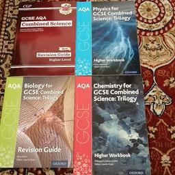 This is a bulk of books for GCSE AQA Higher Combined Science  revision books.
One book has been  highlighted, but the books are in a good condition. However, Chemistry and Physics book only asks question for revision but the biology and revision guide book has all the revision material needed. Each book is £3