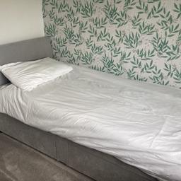 Grey coloured single bed with headboard, single mattress, duvet and cover, and mattress cover. 

Two pull out drawers. 

Smoke free environment. 

Only used a handful of times as a guest bed. 

No defects or damage. 

Collection from Glamis Drive,Stone, Staffs only.