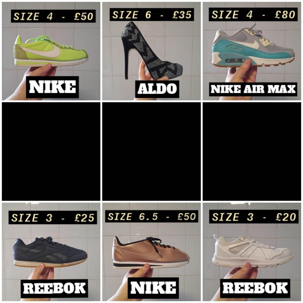 Prices, sizes and brand names for each footwear are in the pictures

Most of the condition of each footwear is good (used) but some of them do have some marks. The brown heels (Retro), New Look and Everlast trainers have never been worn. Some of the others have only been worn once or twice. Skechers Wedges have never been worn but they do have major defects on the suede straps. The Nike Air Max (white/gold), Nike Cortez (rose gold) and Aldo Heels are the only ones that will come with original boxes, the others will come without a shoebox

Message if wanting more information on a specific pair of footwear, then I can send more pictures and a full description across.

-

Ignore - ladies trainers women's trainers ladies footwear shoes boots size 4 trainers size 3.5 trainers martens dkny high heels reebok