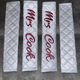 Personalised seatbelt covers set of 4
Embroidered 
Choose your own wording 
Choice of colour thread 
Choice of seat belt cover in black or grey
Around a two week turn around