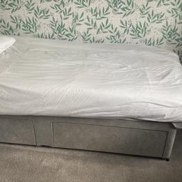 Grey coloured single bed with headboard, single mattress, duvet and cover, and mattress cover.

Two pull out drawers.

Smoke free environment.

Only used a handful of times as a guest bed.

No defects or damage.

Collection from Glamis Drive,Stone, Staffs only.