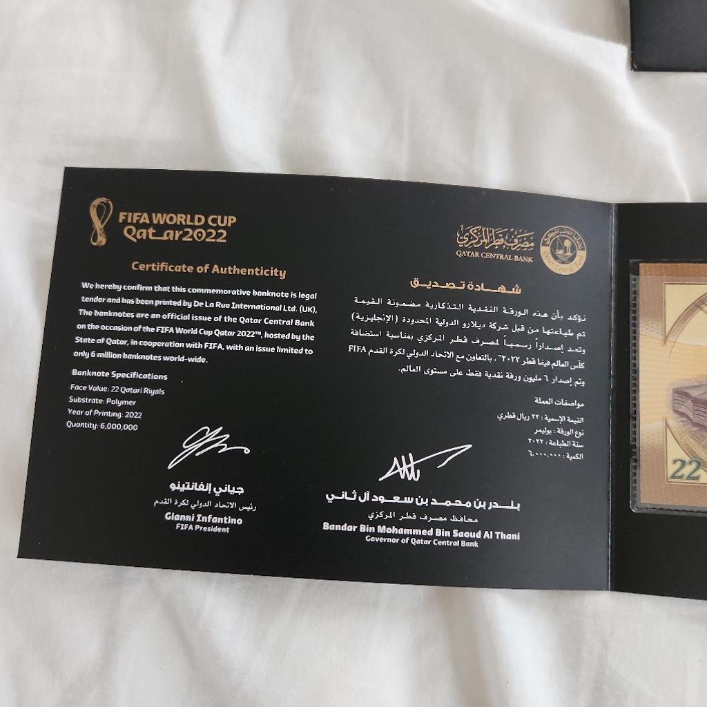 FIFA World Cup Qatar 2022 Commemorative Polymer Banknote + Folder + Envelope

22 Qatari Riyals

These notes were made to celebrate the FIFA World Cup being played in Qatar 2022.

Highly collectable - Limited Editions