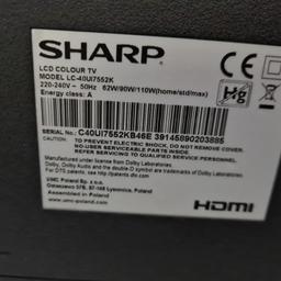SHARP LC-40UI7552K 40" Smart 4K Ultra HD HDR LED TV.


Full working order comes with stand and remote, has the usual Hdmi ports etc.
local delivery around L25 maybe possible  but please check before buying.
