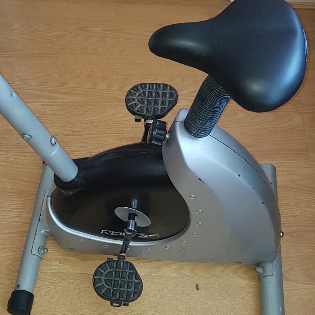 Reebok exercise bike. In good condition. Has digital monitor that includes 8 different levels from easy to hard. Various programmes eg. Flat, hills, mixed. It includes resistance & monitors pulse, calories, time setting. The seat is adjustable and it has wheels on the base to move it around easily.
Only bike. Collection.